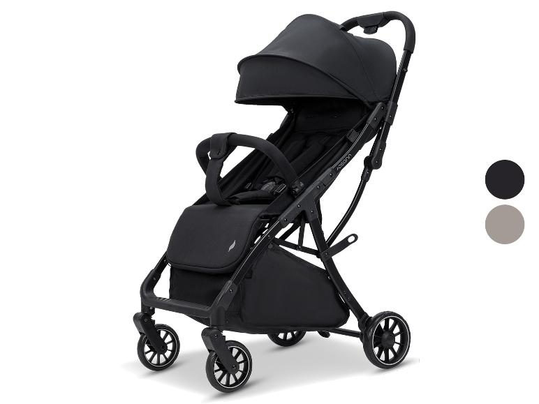 Schwarzer Kinderwagen mit Verdeck und Rädern, mit schwarzen und grauen Farbmustern.