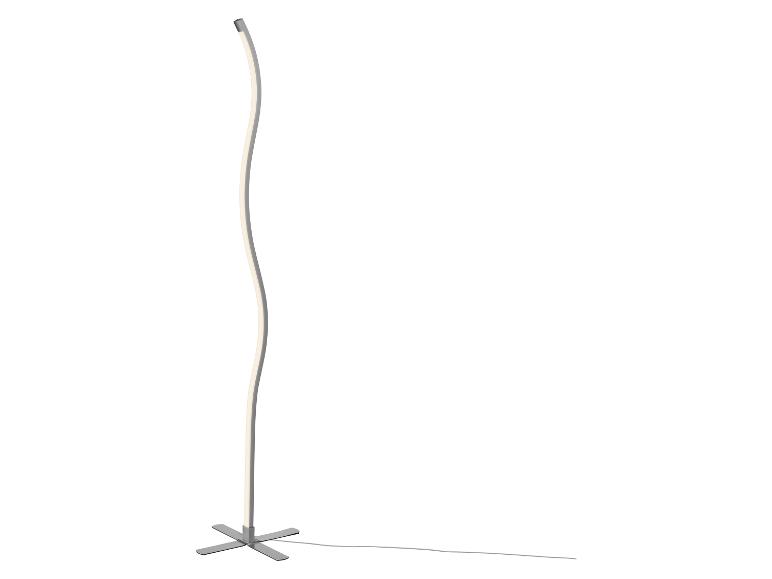Moderne LED-Stehleuchte mit wellenförmigem Design und X-förmigem Fuß.