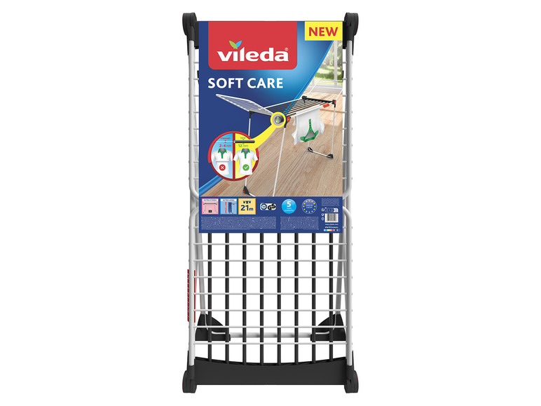 Vileda Soft Care Wäschetrockner mit Rollen und 21 Metern Trockenfläche.