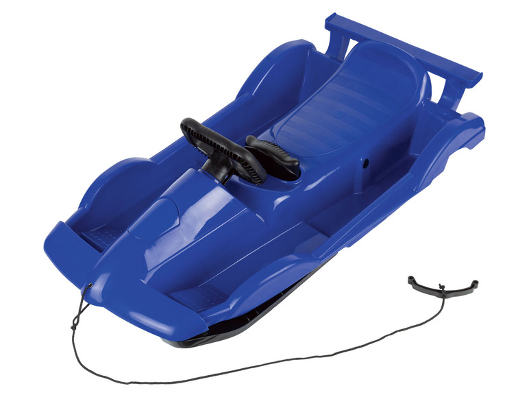 Blauer Kunststoffschlitten mit Lenkrad.