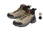 Beige und schwarze Wanderstiefel mit orangefarbenen Schnürsenkeln, mit Farbmustern.