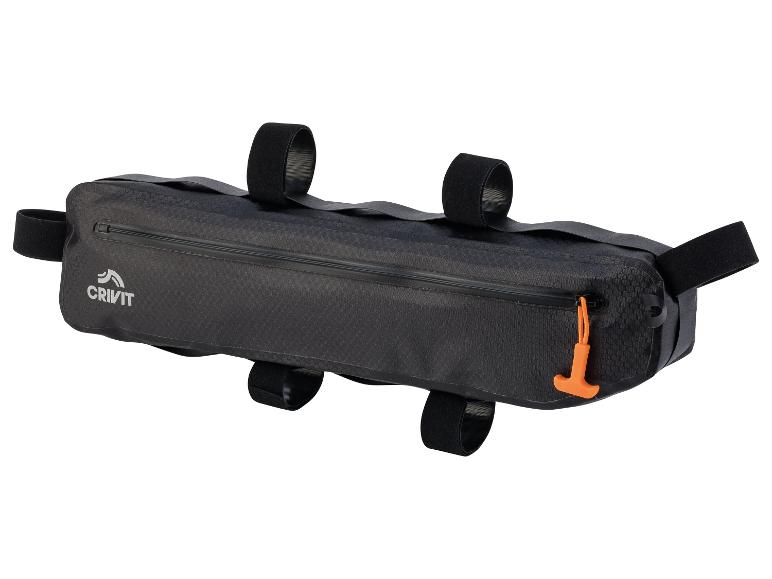 Schwarze, wasserdichte Crivit Fahrradtasche mit Befestigungsgurten.