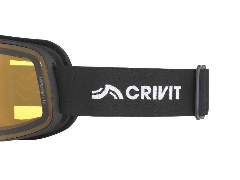 Schwarze Skibrille mit gelben Gläsern und Band mit „CRIVIT“-Logo.