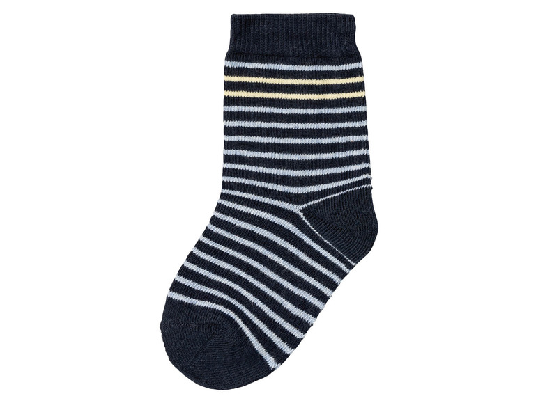 Eine dunkelblaue Socke mit weißen Streifen.