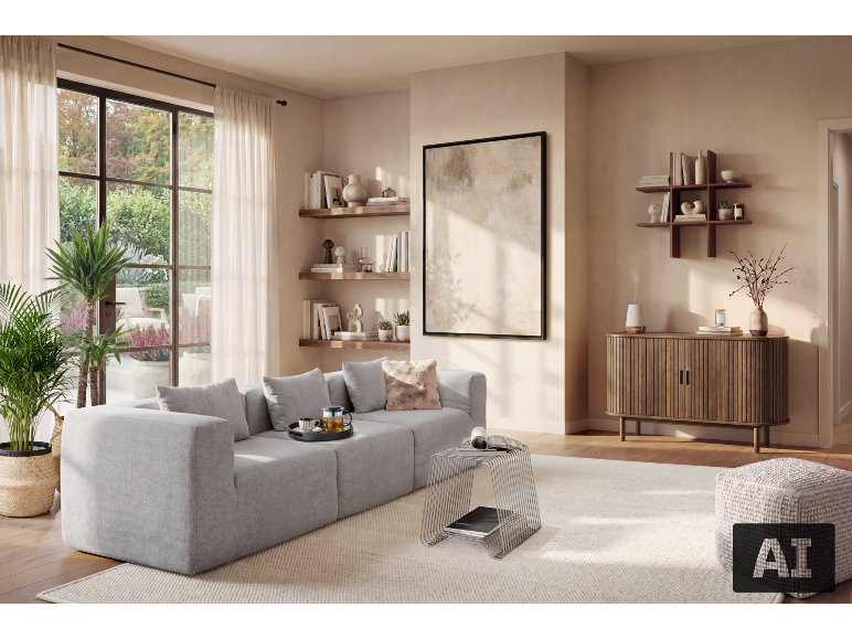 Modernes Wohnzimmer mit hellgrauem Modulsofa, Holzregalen und großem Fenster.