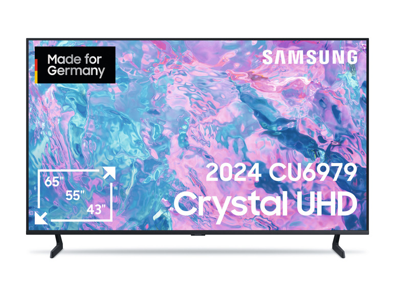 Ein Samsung 2024 CU6979 Crystal UHD Fernseher mit einem abstrakten Wassermuster auf dem Bildschirm.