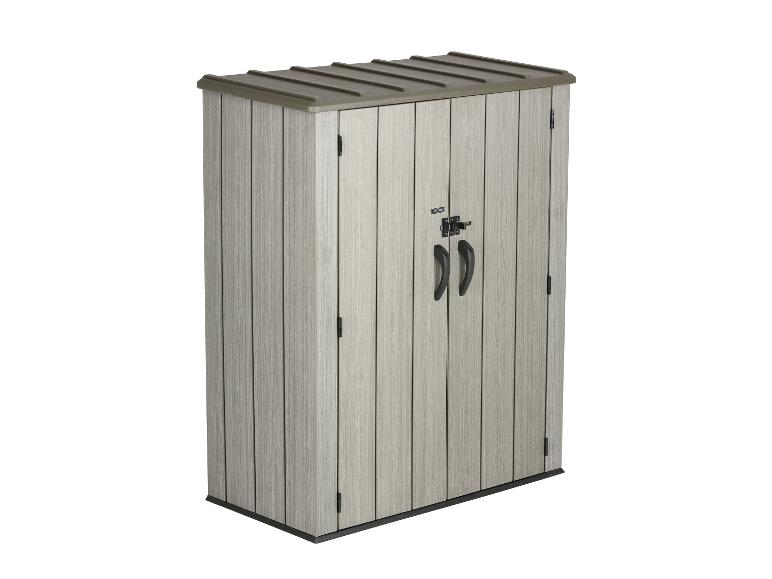 Grauer Gartenschrank mit Doppeltüren und braunem Dach