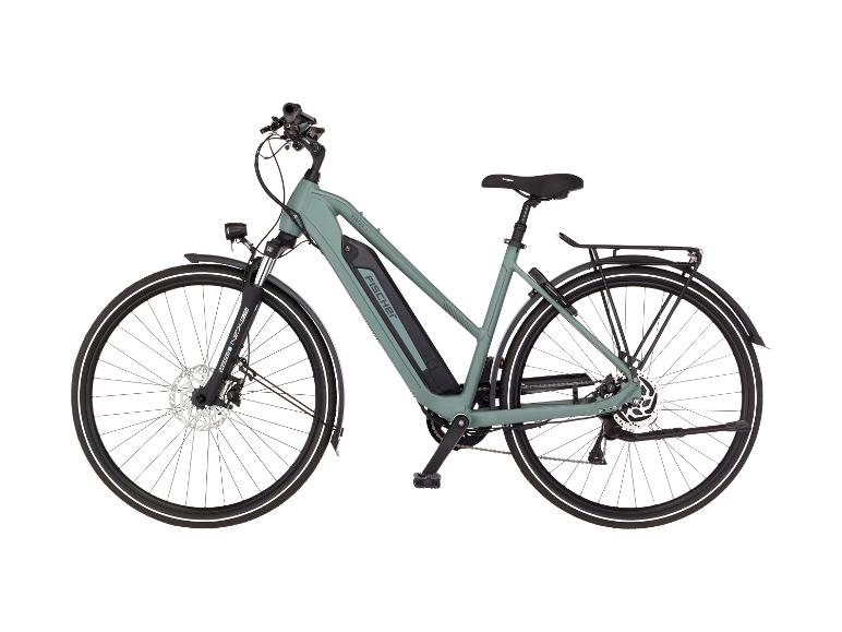 Graugrünes City-E-Bike mit Gepäckträger und Federgabel.