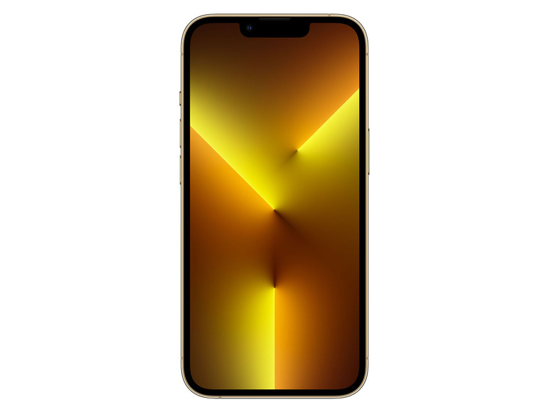 Ein goldenes iPhone mit abstrakter Hintergrundgrafik.