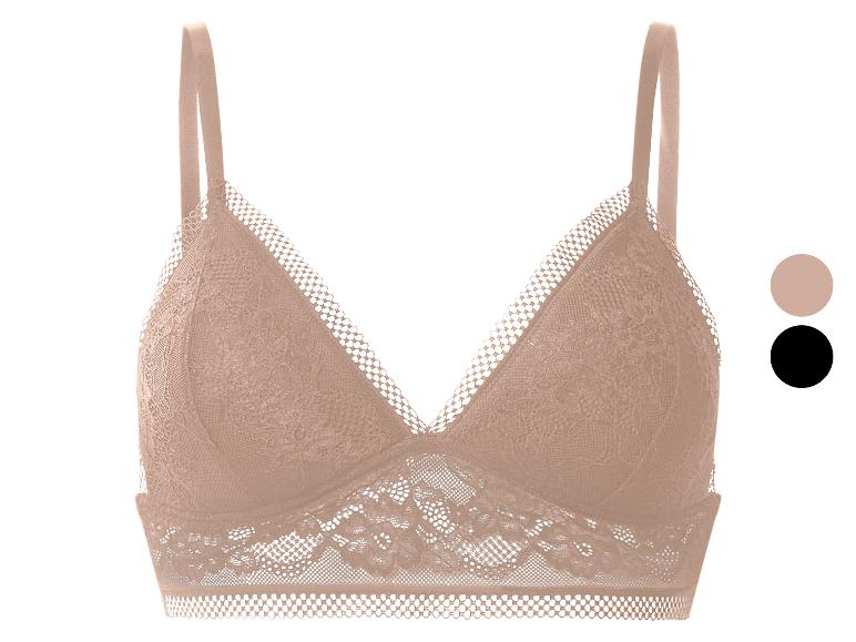 Spitzen-Bralette in Beige mit dünnen Trägern, mit Farbmustern in Beige und Schwarz.