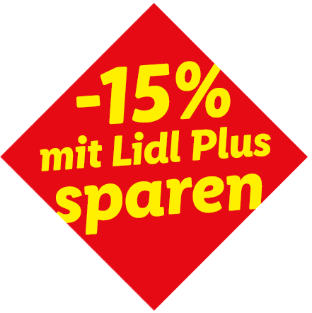 Rotes Siegel mit gelbem Text: -15% sparen mit Plus.