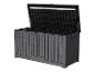 Schwarze Kunststoff-Gartenbox mit offenem Deckel