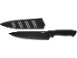 Schwarzes Küchenmesser mit schwarzem Klingenschutz.