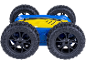 Gelb-blaues Spielzeugauto für Kinder mit großen schwarzen Reifen
