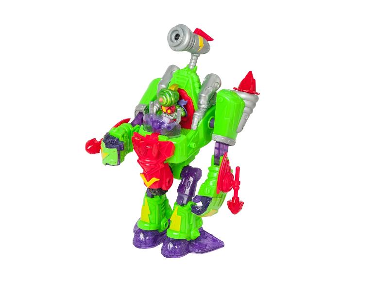 Grünes und rotes Roboterspielzeug mit kleiner Figur darin, auf weißem Hintergrund.