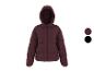 Bordeauxrote Damen-Pufferjacke mit Kapuze und Reißverschluss, mit Farbmustern.