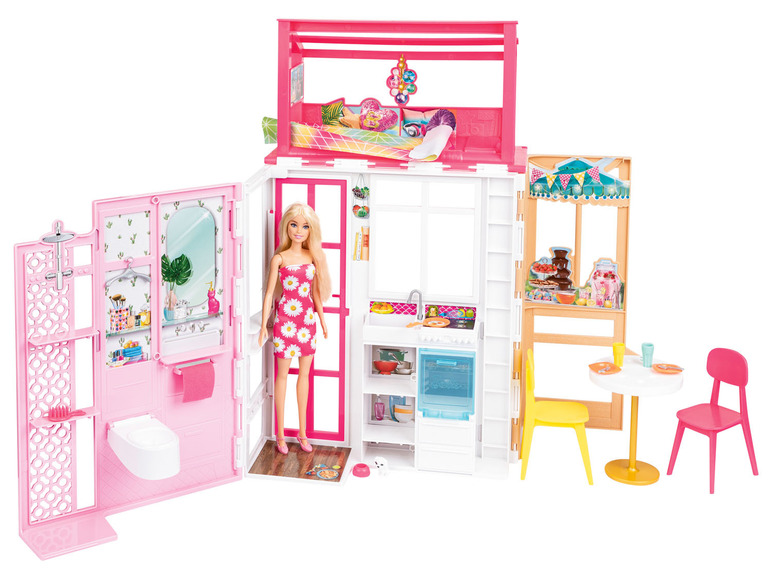 Gehe zu Vollbildansicht: Barbie Ferienhaus, mit Möbeln und Puppe, tragbar - Bild 1