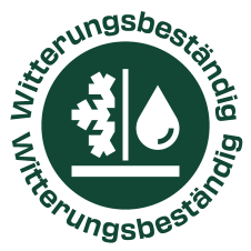 Witterungsbeständig-Siegel mit Schneeflocke und Wassertropfen.