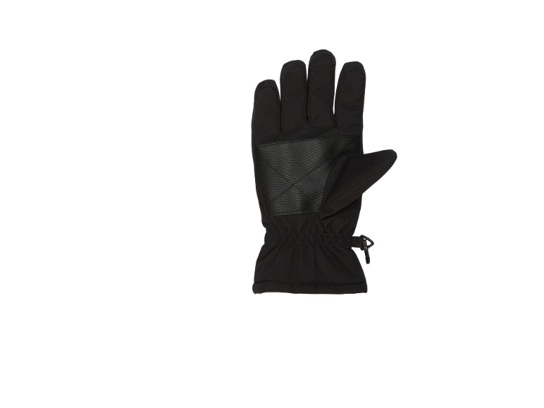 Schwarzer Winterhandschuh mit texturierter Handfläche und verstellbarem Handgelenkriemen.