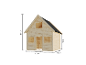 Holzspielhaus für Kinder mit schwarzem Dach.
