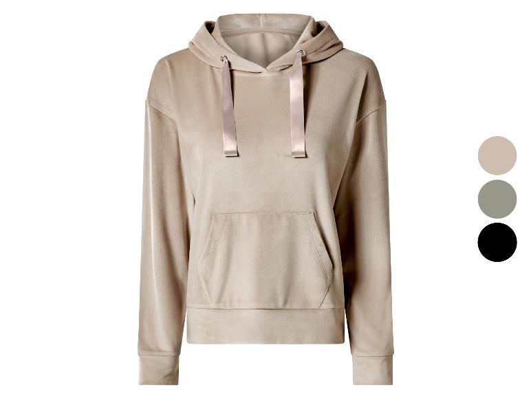 Beiger Velours-Hoodie mit Satin-Kordelzug und Vordertasche, mit Farboptionen.