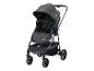 Dunkelgrauer Kinderwagen mit Verdeck und Einkaufskorb.