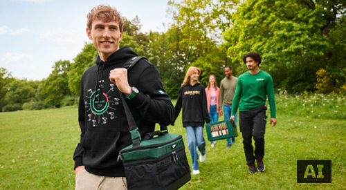 KI geniertes Bild: Mann trägt den schwarzen Parkside-Hoodie mit Grafik-Print auf einer Wiese im Park.