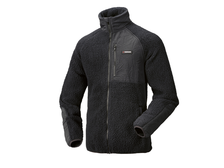 Schwarze Fleecejacke mit Reißverschluss und Brusttasche.