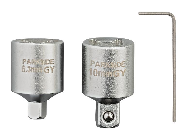 Zwei Parkside Steckschlüssel in den Größen 6,3 mm und 10 mm sowie ein L-förmiger Inbusschlüssel.