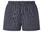 Dunkle karierte Herren-Boxershorts mit Gummibund und Knopf.