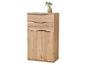 Holzschrank mit zwei Schubladen und zwei Türen, dekoriert mit einer Blumenvase.