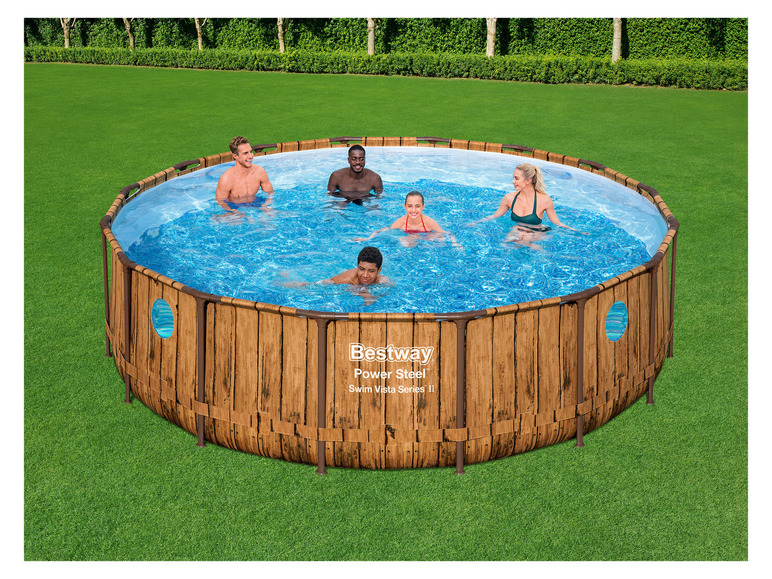 Ein Bestway Power Steel Schwimmbecken mit Holzoptik.