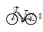 Hellblaues Tiefeinsteiger-Elektro-Citybike mit schwarzen Details.