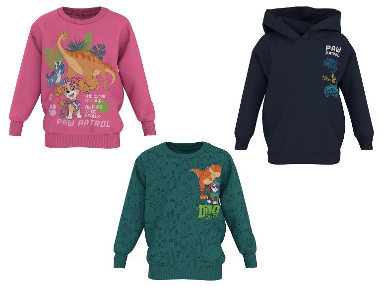 Drei Kinder-Sweatshirts: pink mit Dinosaurier und Hund, grün mit Dinomuster und marineblau mit Logo.