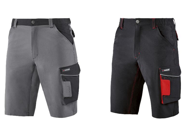 Zwei Arbeitsshorts: grau mit schwarzen Details und schwarz mit roten Details.
