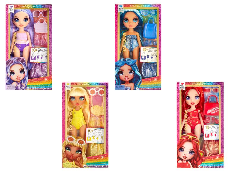 Rainbow High Swim Style Puppen: Violet Willow, Skyler Bradshaw, Sunny Madison und Ruby Anderson.