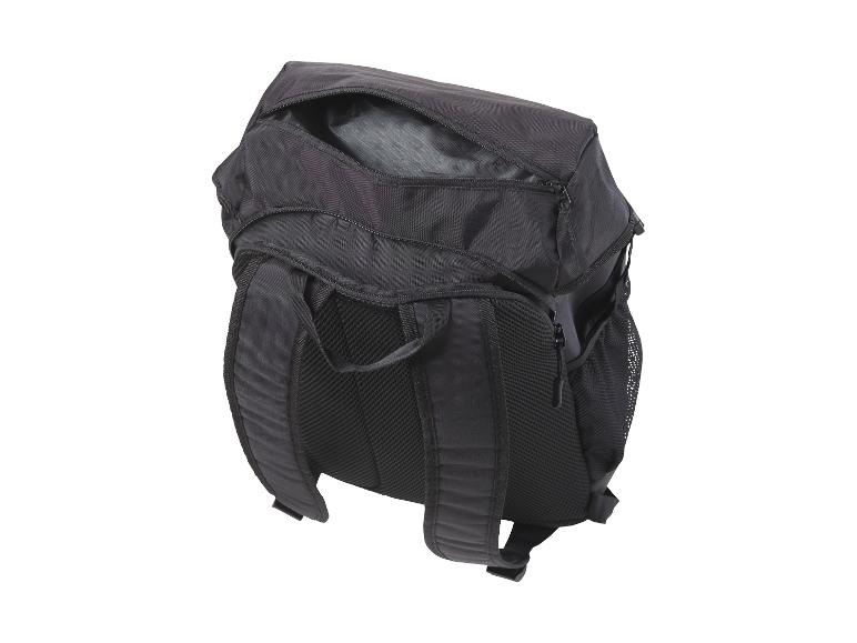 Schwarzer Sportrucksack mit offenem Top-Fach und seitlichen Netztaschen