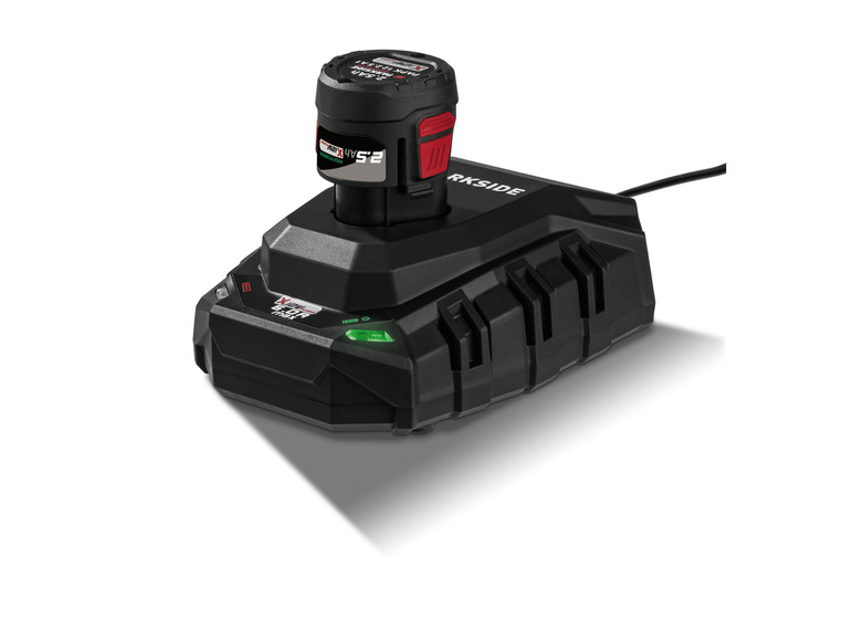 Ein schwarzes Ladegerät für einen 2,5-Ah-Akku von Worksite.