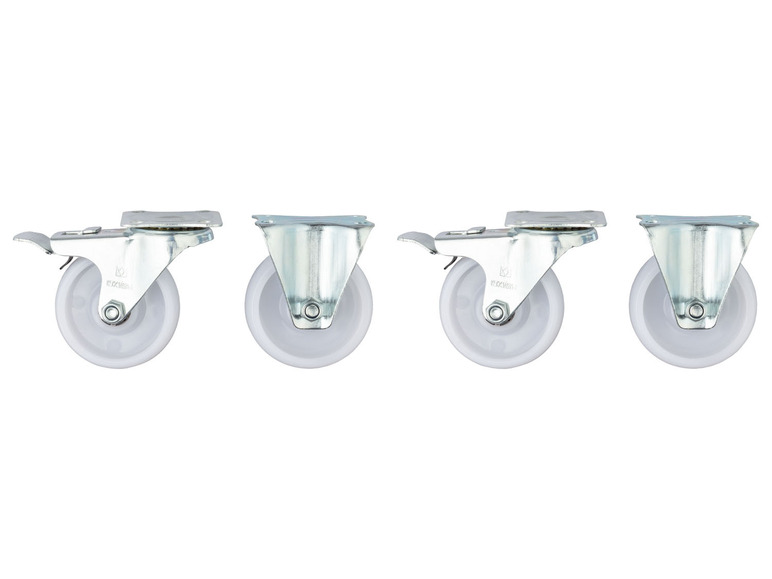 Vier weiße Rollen mit Metallbügeln.