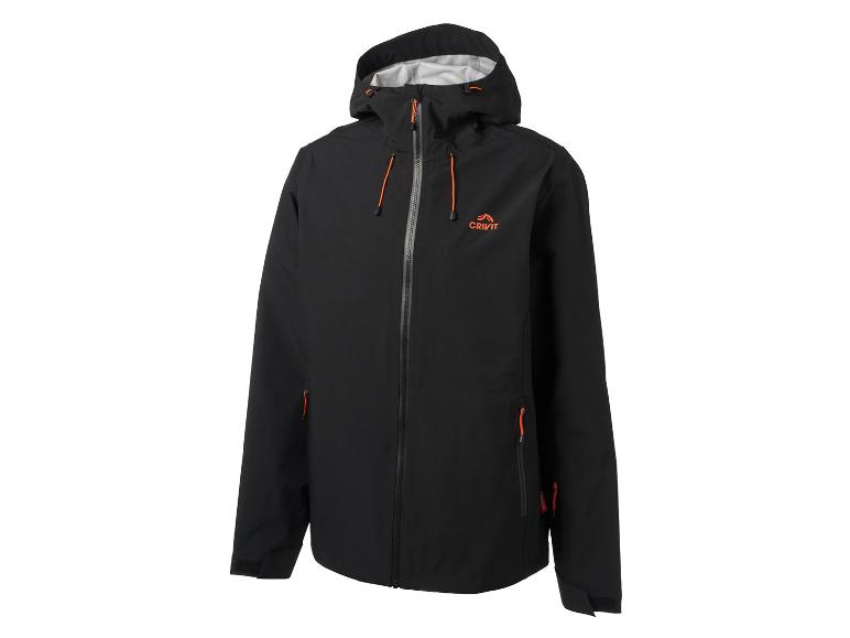Schwarze Regenjacke mit Kapuze und orangefarbenen Details.
