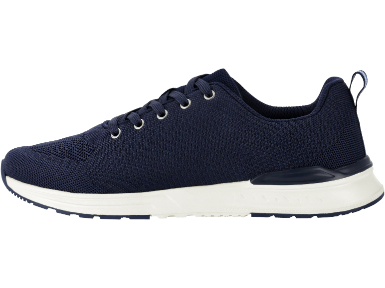 Dunkelblaue Herren-Sportschuhe mit weißer Sohle und Schnürsenkeln.