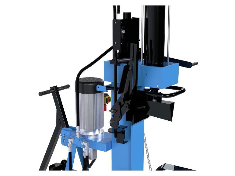 Detail eines blau-schwarzen elektrischen Holzspalters mit Motor und Bedienelementen.