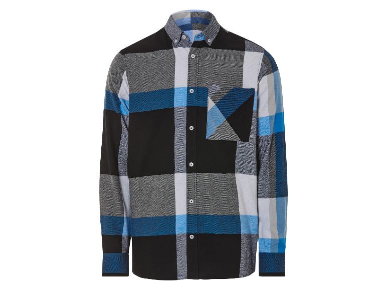Ein kariertes Langarmhemd in Blau, Schwarz und Grau.