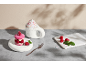 Himbeer-Macaron, Schlagsahne und frische Himbeeren auf einem Marmorbrett.