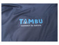 Ein dunkelblaues Zelttuch mit dem Tambu-Logo: 'connect to nature'.