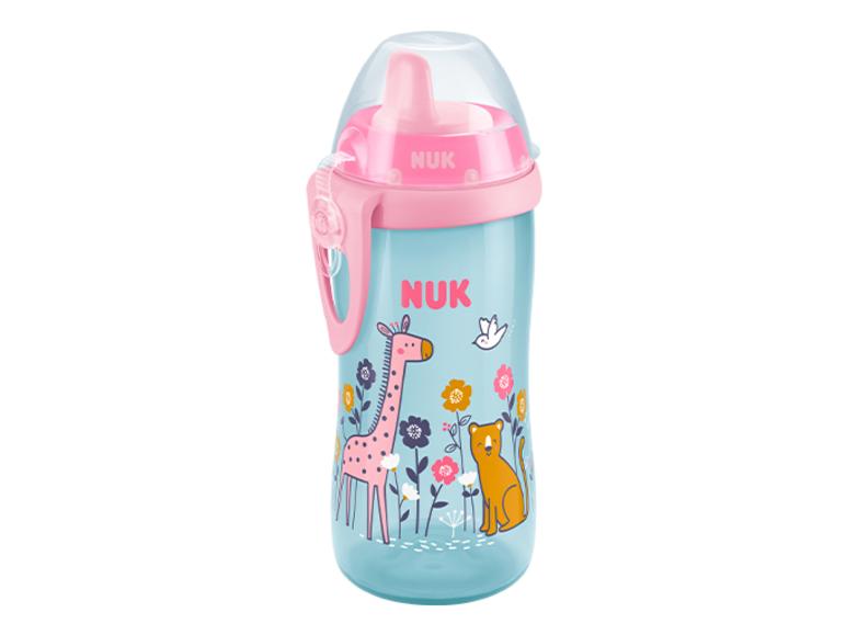 Blaue Baby-Trinkflasche mit Giraffen- und Katzenmotiven, mit rosa Schnabel.
