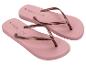Paar rosa Flip-Flops mit metallisch-braunen Riemen, mit Palmen-Logo und Text.