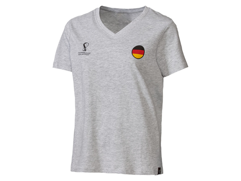 Graues T-Shirt mit der deutschen Flagge und dem FIFA World Cup Qatar 2022 Logo.