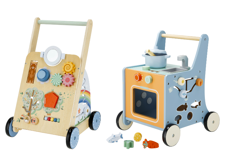 LUPILU® Lauflernwagen: Hölzerner Lauflernwagen mit Waldaktivitäten und Küchenspielwagen.