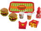 Spielzeug-Fast-Food-Set mit Burgern, Pommes, Getränken, Ketchup und Tablett